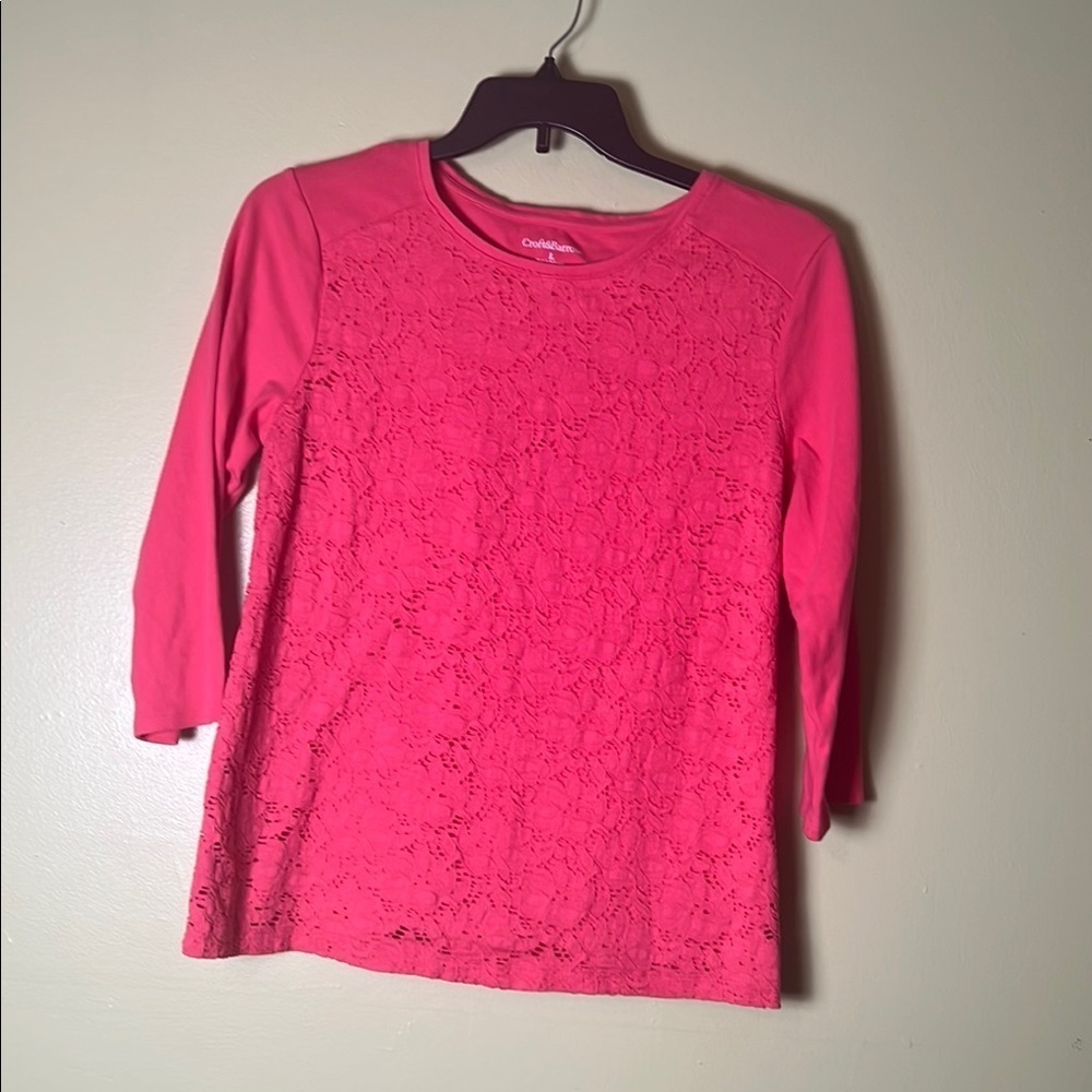 Croft&Barrow 3/4 sleeves feminine, hot  Pink ,Lace Top